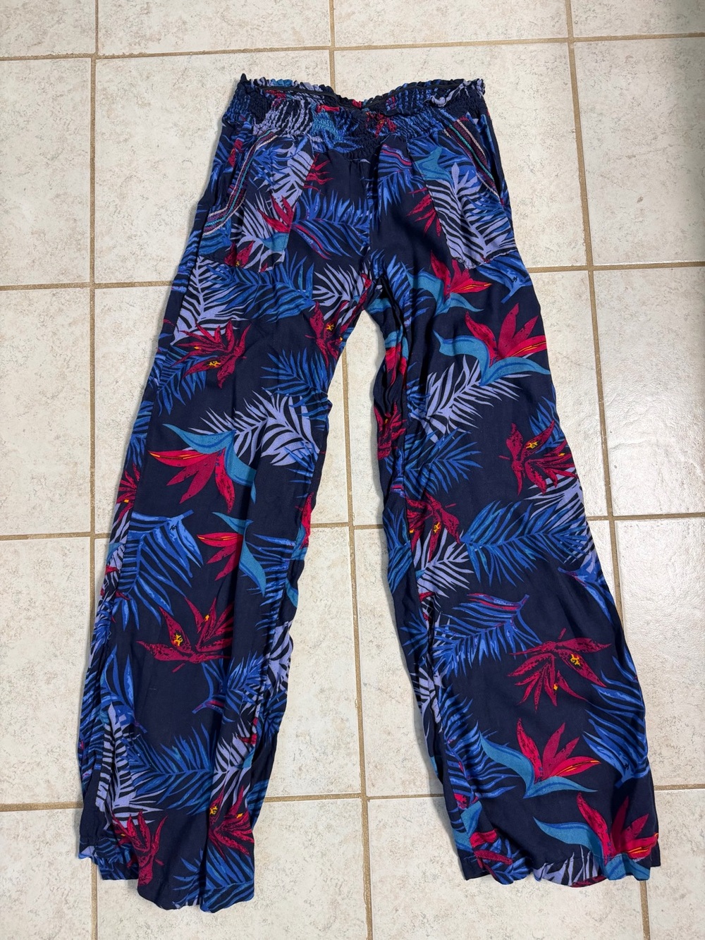 Roxy Navy Pants with Red & Blue Leaf Print